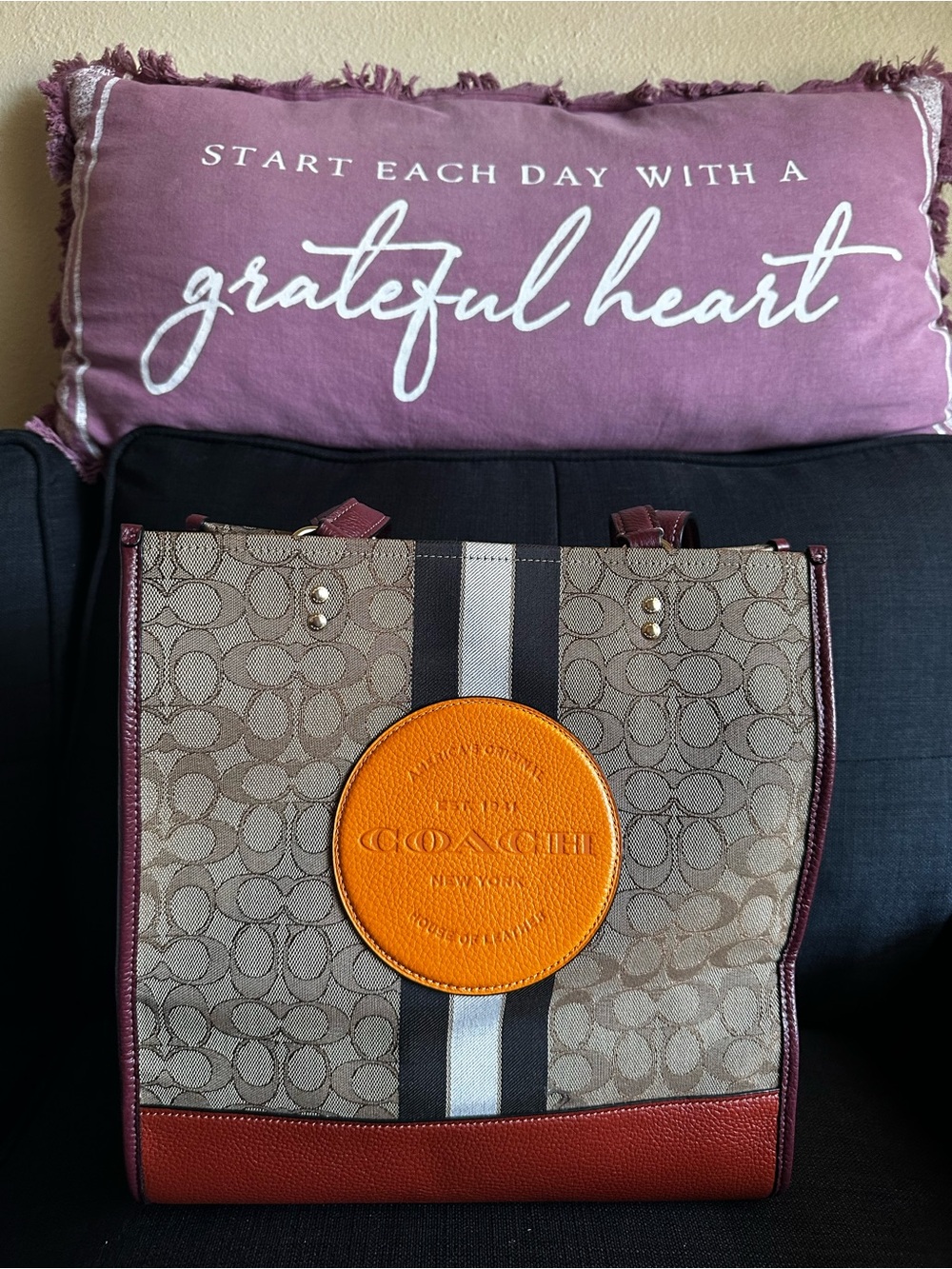 Coach Dempsey Signature Canvas Tote Bag with Orange Patch and Burgundy Trim